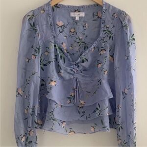 Intermix Blue Sheer Silk Floral Print Scoop Neck Tiered Ruffle Trim Blouse 4